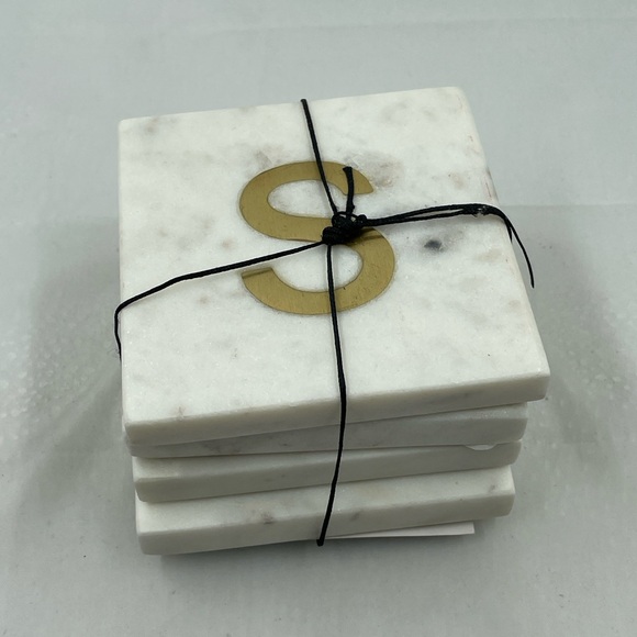 White Marble with Gold Monogram Coaster Set - Picture 3 of 4